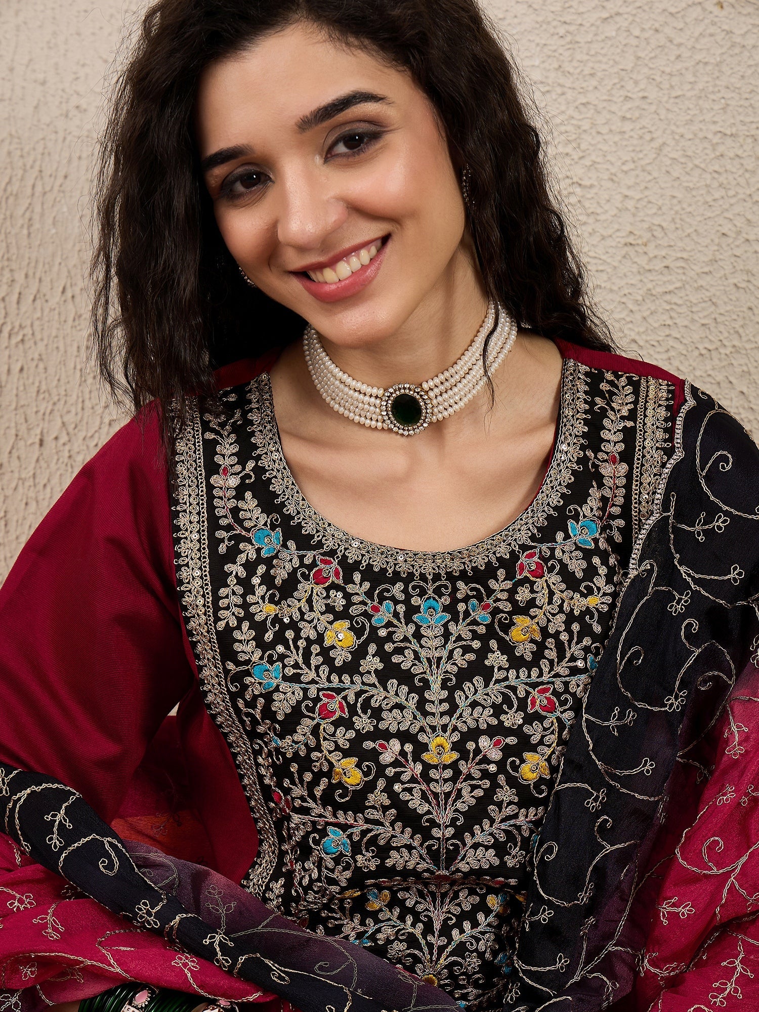 Ruchita Embroidery Straight Maroon Kurta & Pant with Dupatta Set - FitVibe Fashion