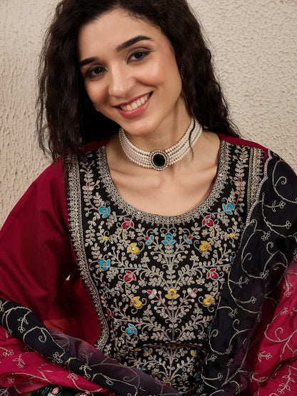 Ruchita Embroidery Straight Maroon Kurta & Pant with Dupatta Set - FitVibe Fashion