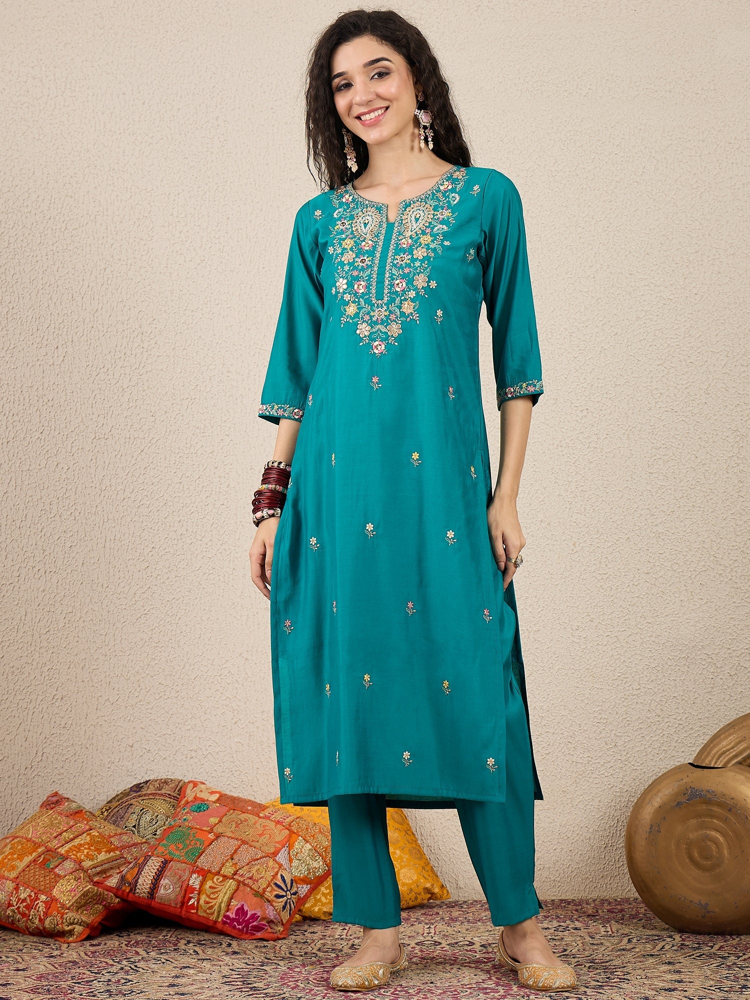 Nazakat Rama Kurta and Pant Dupatta Set - FitVibe Fashion