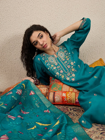 Nazakat Rama Kurta and Pant Dupatta Set - FitVibe Fashion