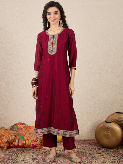 Myra Maroon Silk Blend Embroidered Anarkali Set - FitVibe Fashion