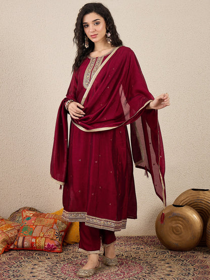 Myra Maroon Silk Blend Embroidered Anarkali Set - FitVibe Fashion