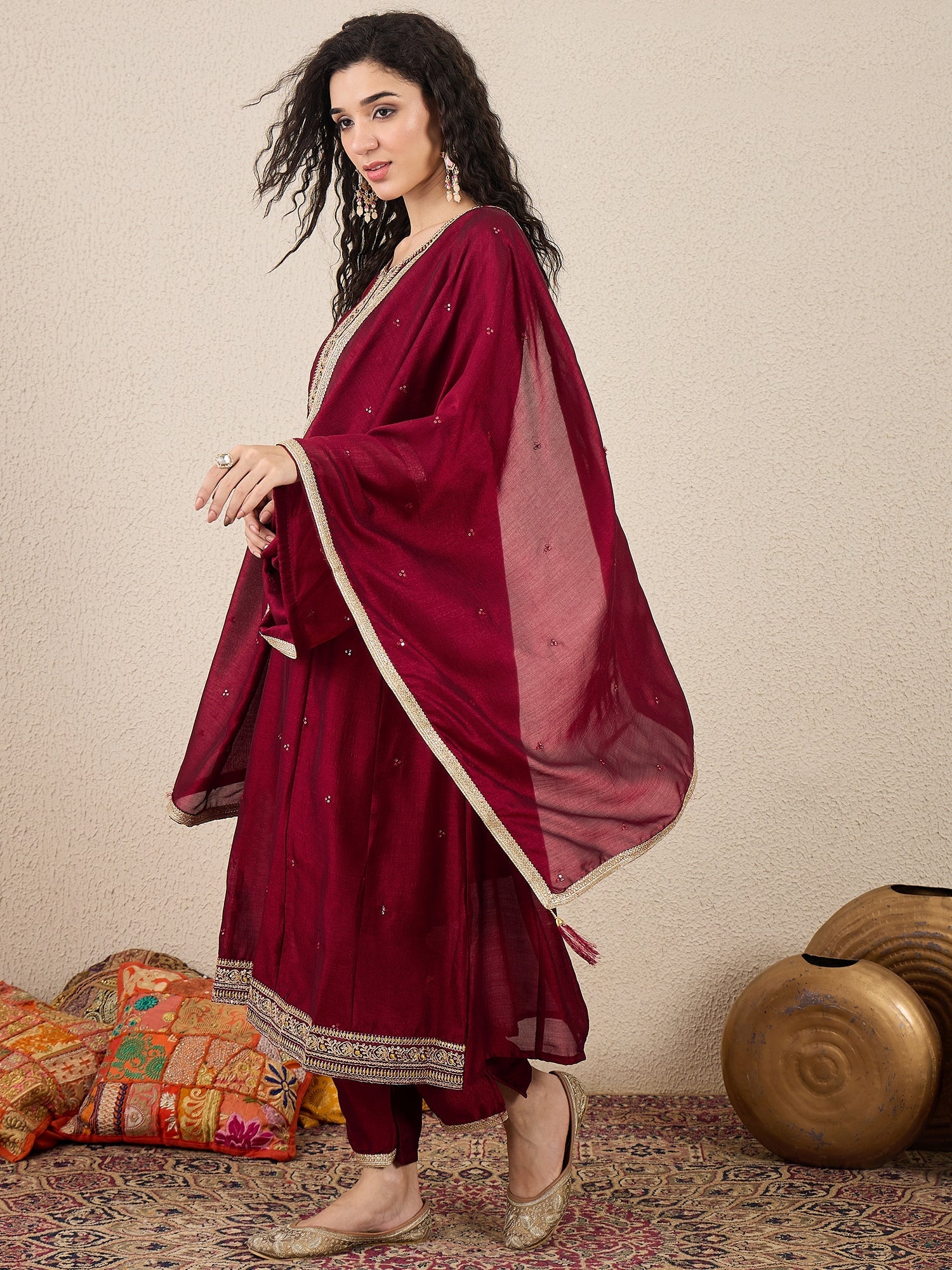 Myra Maroon Silk Blend Embroidered Anarkali Set - FitVibe Fashion