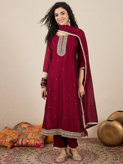 Myra Maroon Silk Blend Embroidered Anarkali Set - FitVibe Fashion