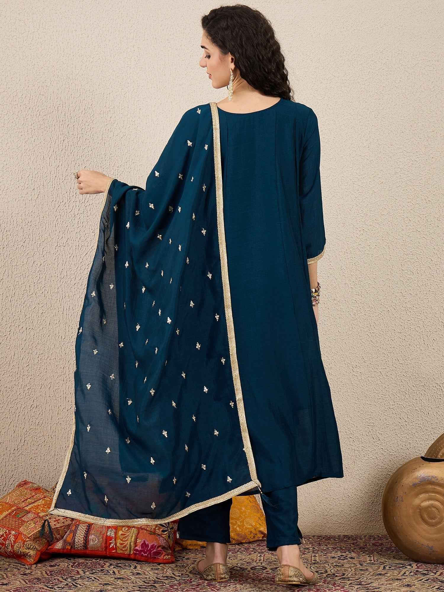 Adrika Blue Women Embroidery Anarkali Kurta Pant and Dupatta Sets