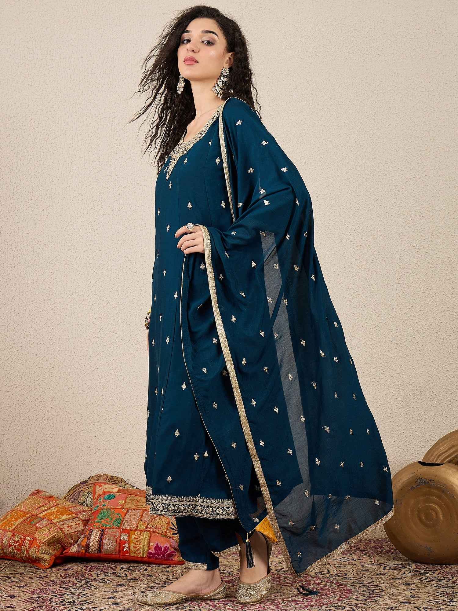 Adrika Blue Women Embroidery Anarkali Kurta Pant and Dupatta Sets