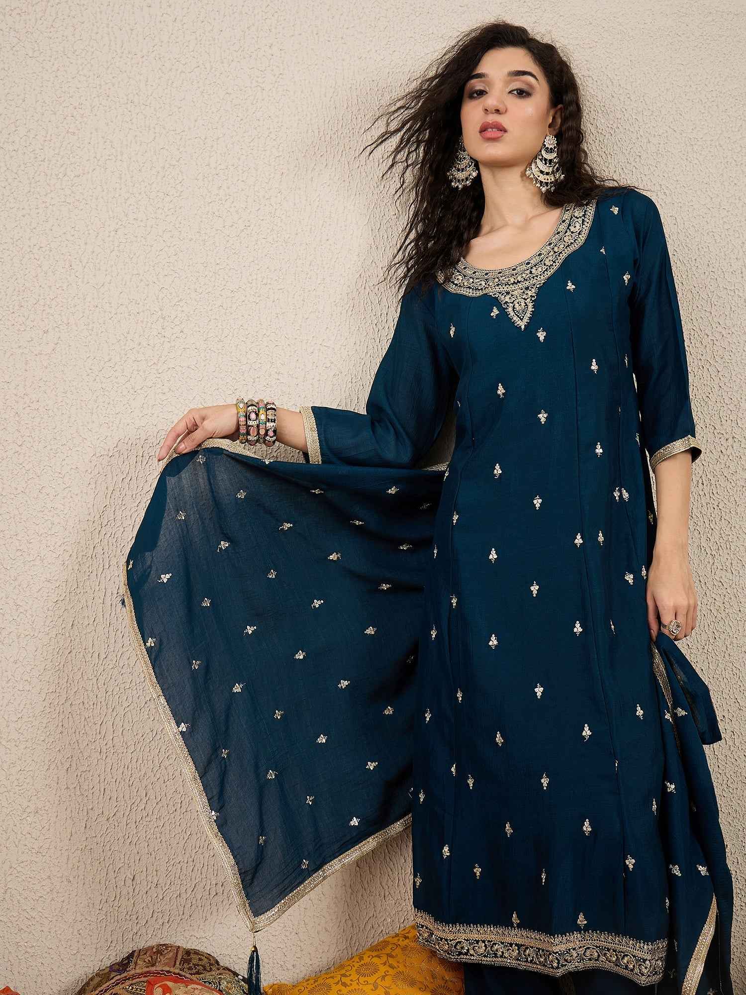Adrika Blue Women Embroidery Anarkali Kurta Pant and Dupatta Sets