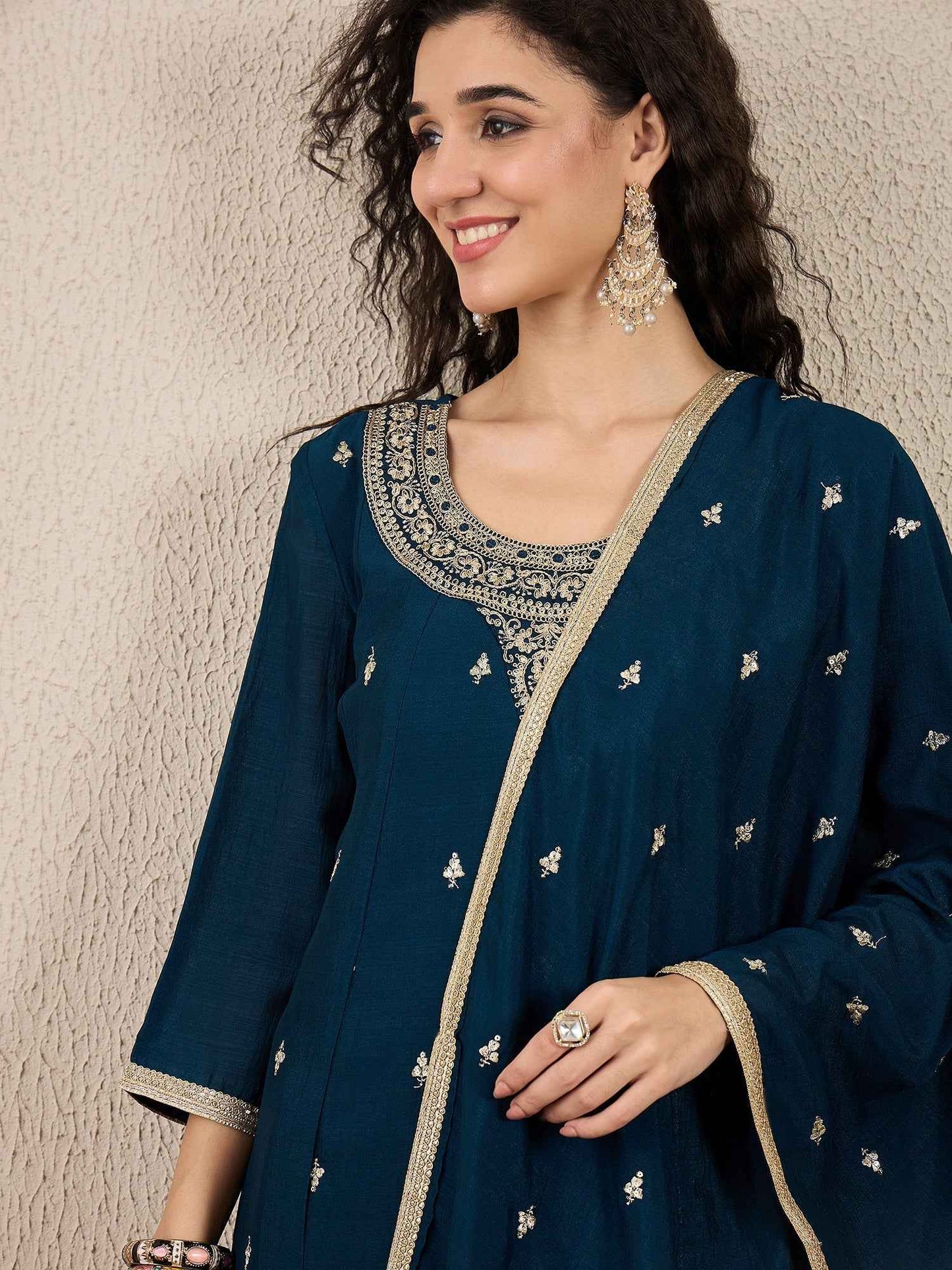 Adrika Blue Women Embroidery Anarkali Kurta Pant and Dupatta Sets