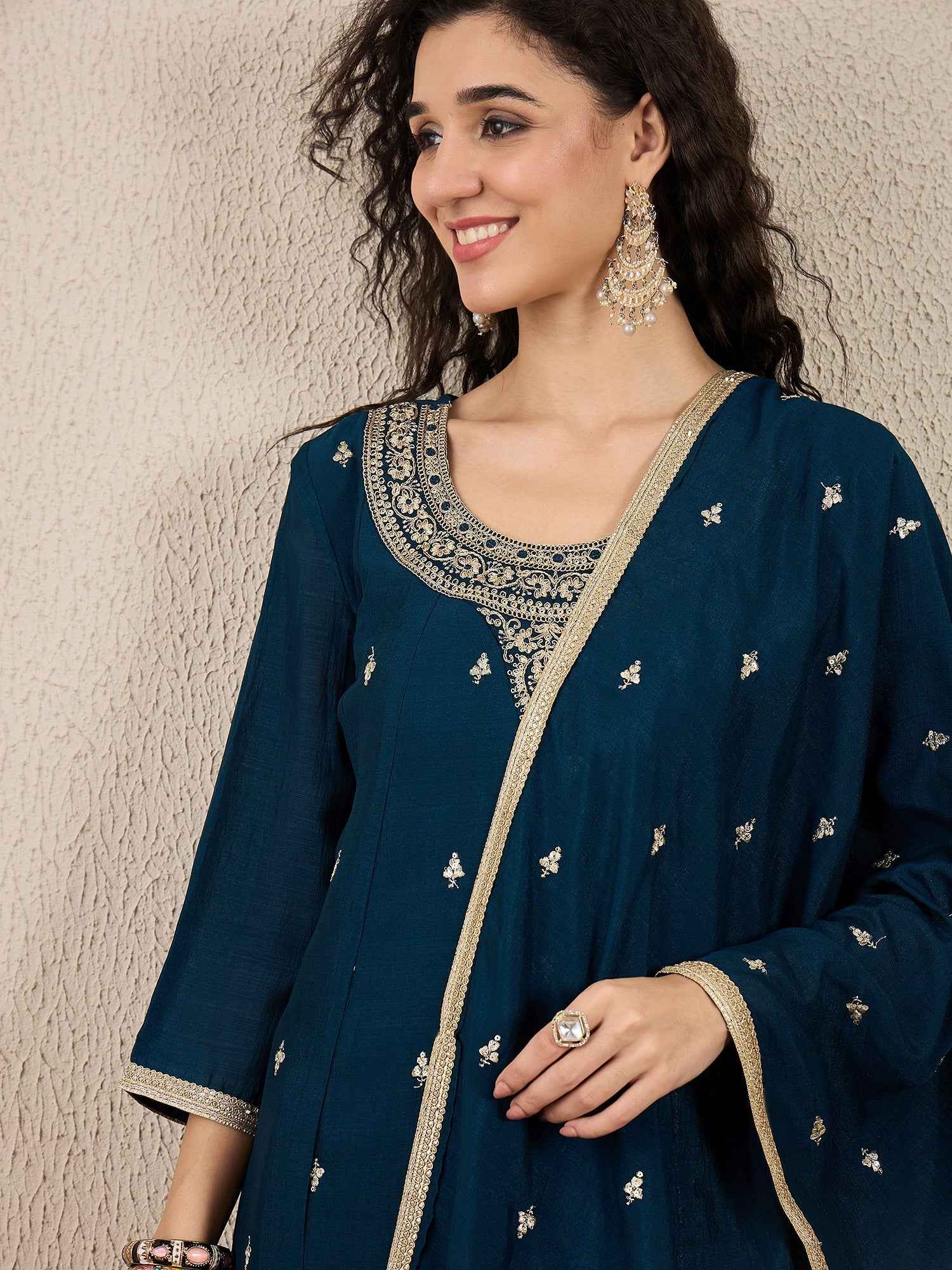 Adrika Blue Women Embroidery Anarkali Kurta Pant and Dupatta Sets