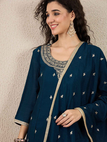 Adrika Blue Women Embroidery Anarkali Kurta Pant and Dupatta Sets