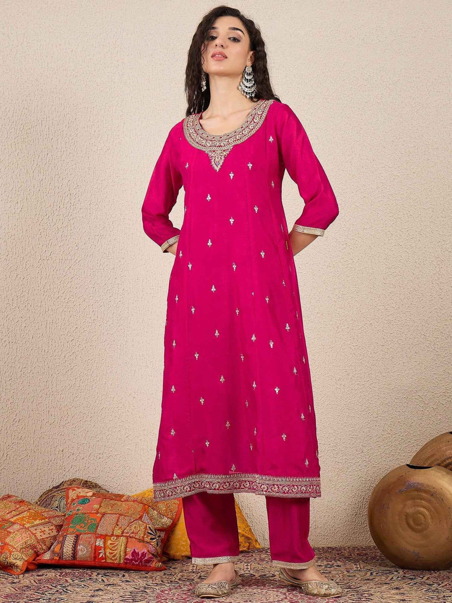 Adrika Pink Women Embroidery Anarkali Kurta Pant and Dupatta Sets