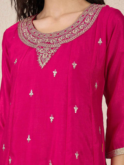 Adrika Pink Women Embroidery Anarkali Kurta Pant and Dupatta Sets