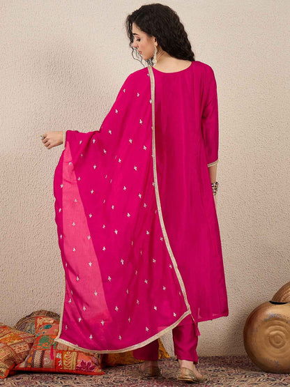 Adrika Pink Women Embroidery Anarkali Kurta Pant and Dupatta Sets