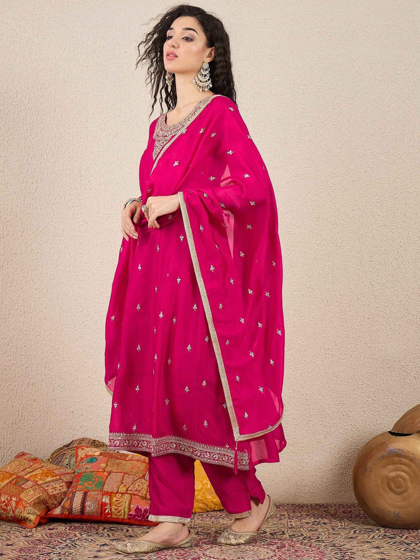 Adrika Pink Women Embroidery Anarkali Kurta Pant and Dupatta Sets