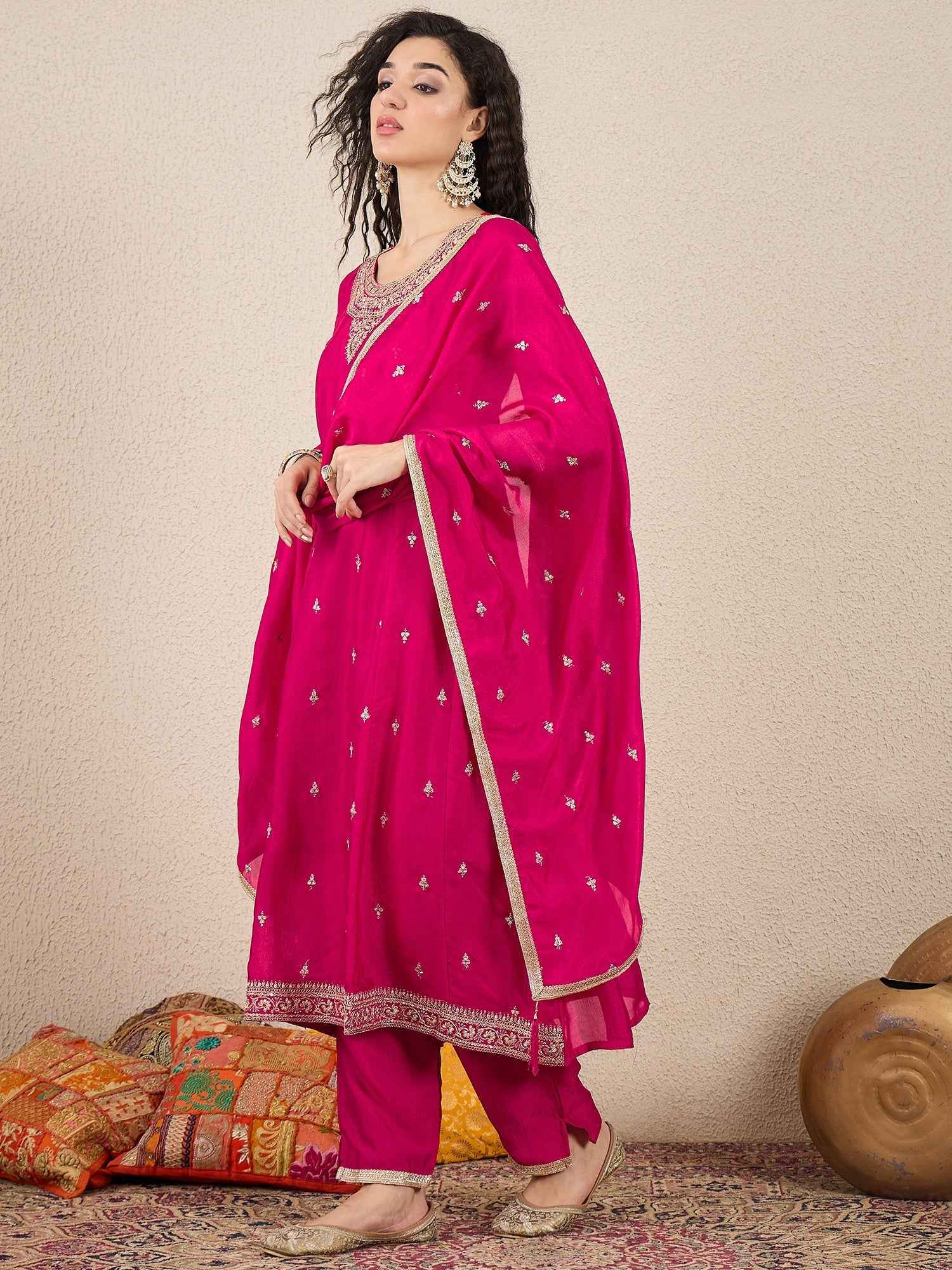 Adrika Pink Women Embroidery Anarkali Kurta Pant and Dupatta Sets