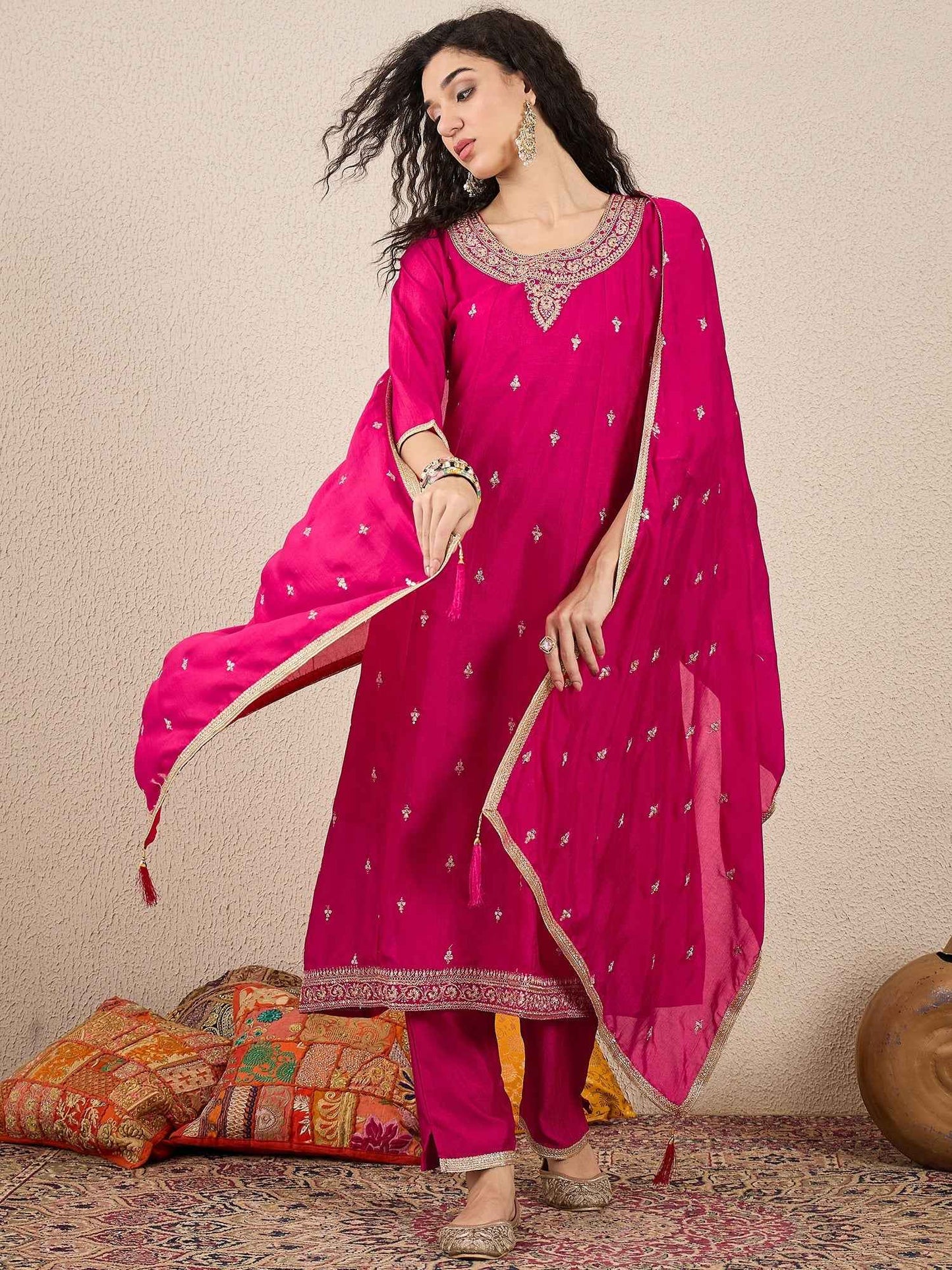 Adrika Pink Women Embroidery Anarkali Kurta Pant and Dupatta Sets