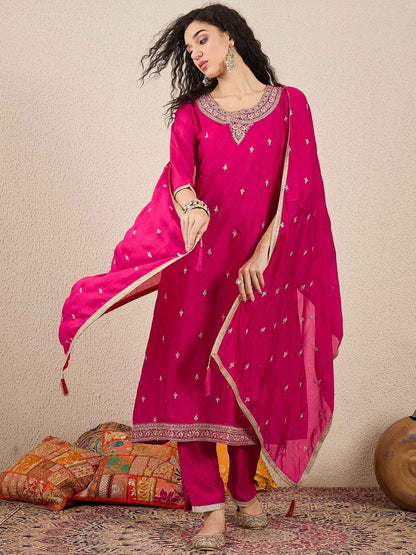 Adrika Pink Women Embroidery Anarkali Kurta Pant and Dupatta Sets