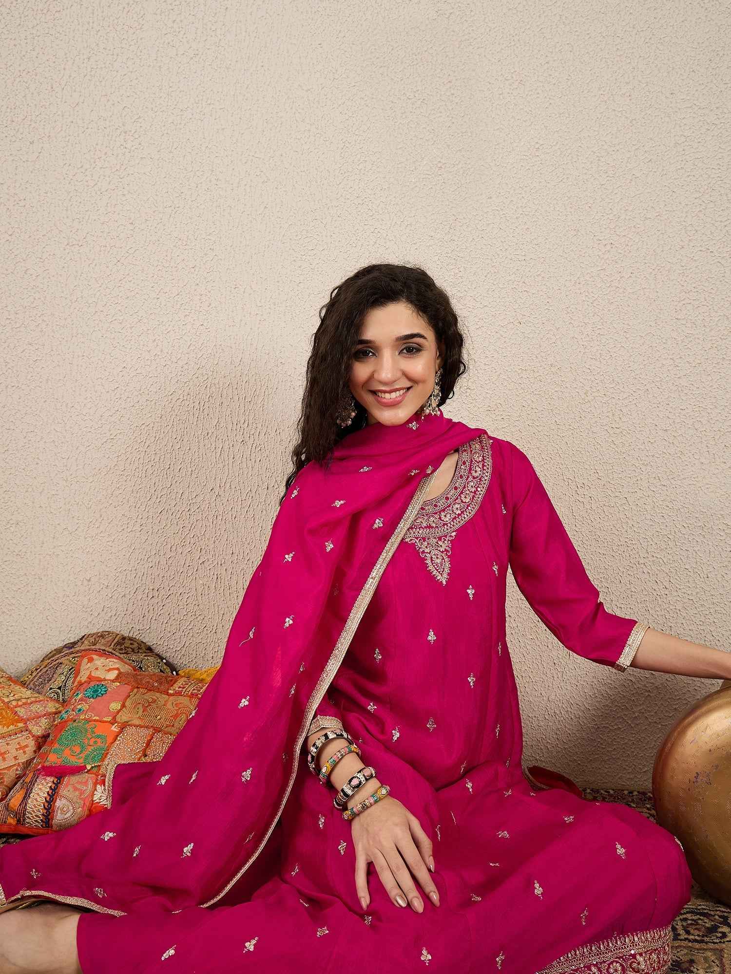 Adrika Pink Women Embroidery Anarkali Kurta Pant and Dupatta Sets