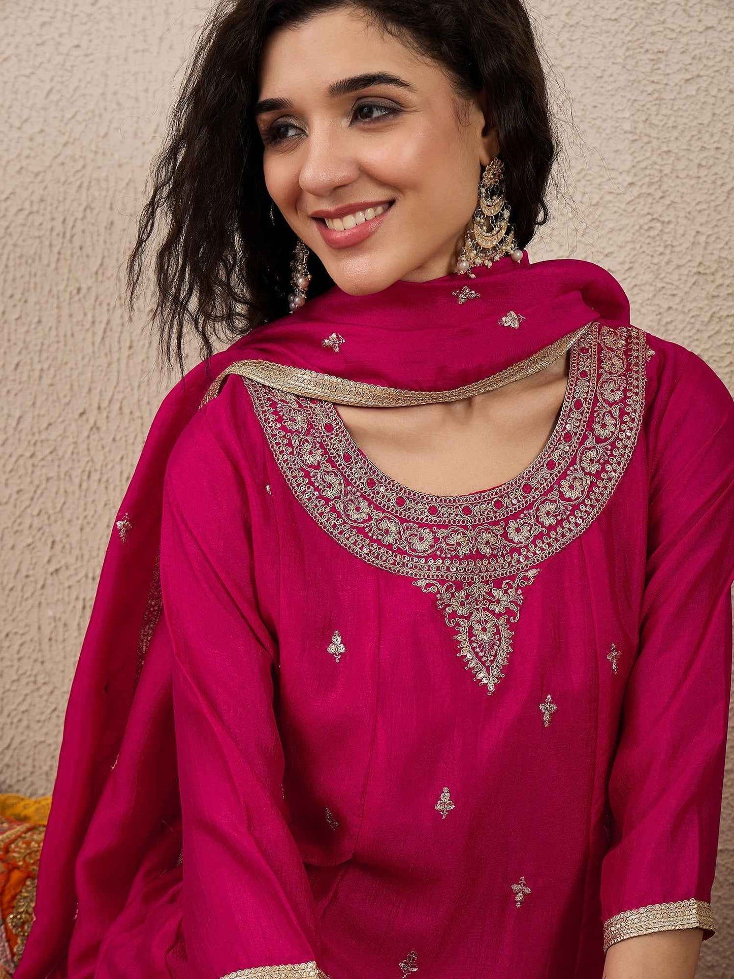 Adrika Pink Women Embroidery Anarkali Kurta Pant and Dupatta Sets