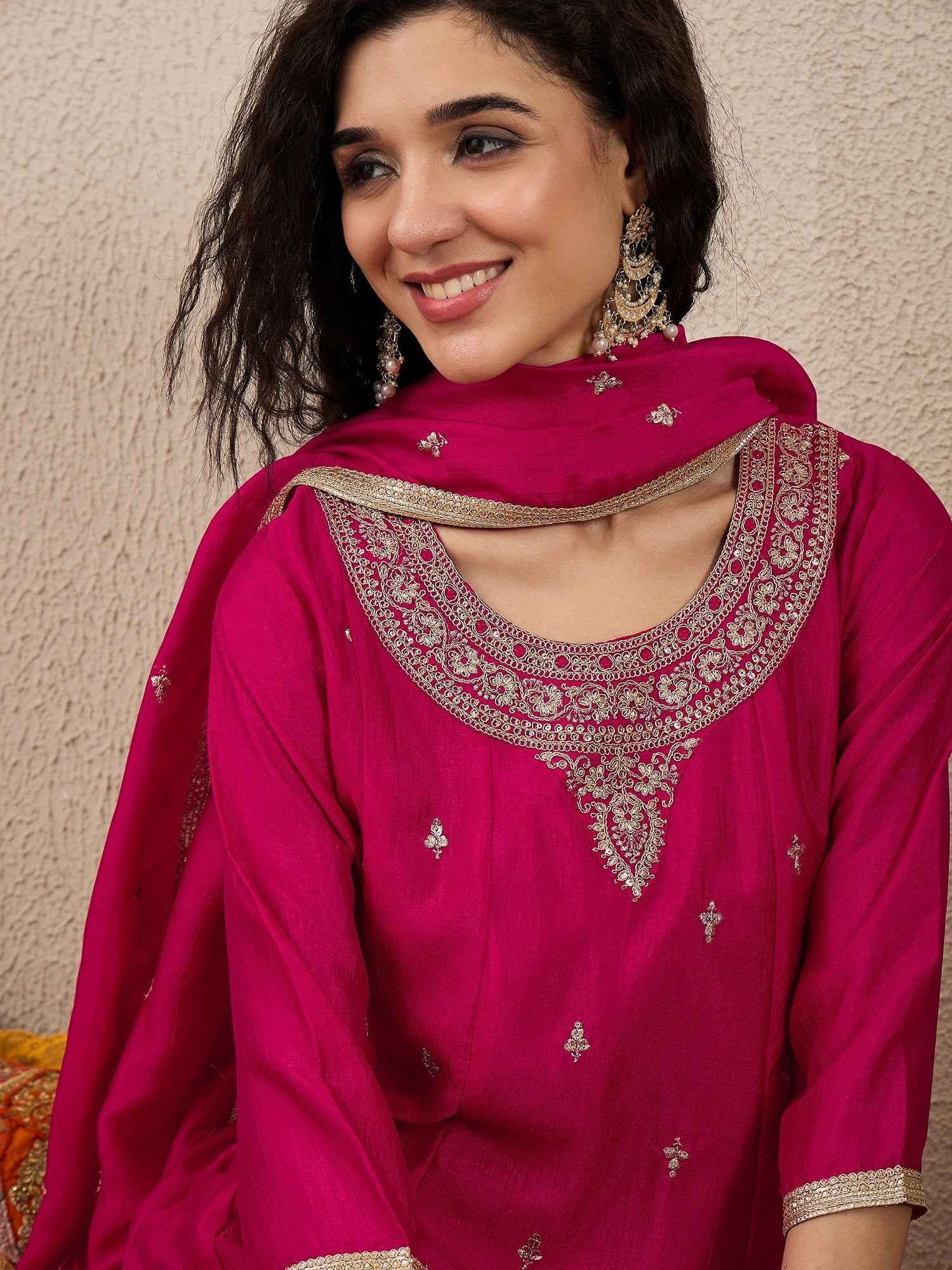 Adrika Pink Women Embroidery Anarkali Kurta Pant and Dupatta Sets