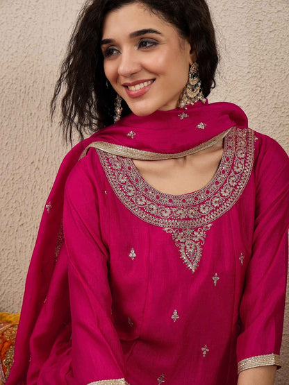 Adrika Pink Women Embroidery Anarkali Kurta Pant and Dupatta Sets