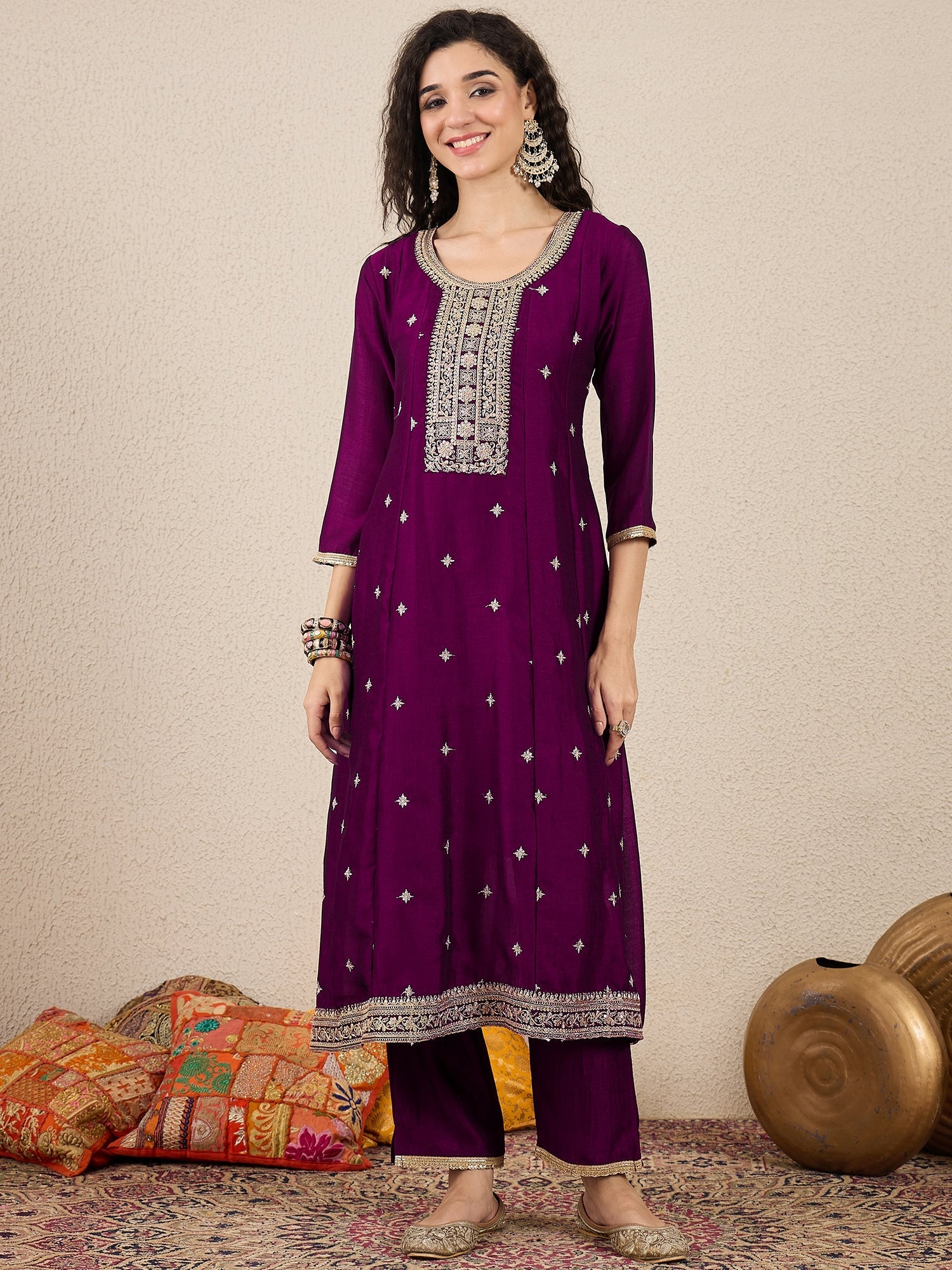 Ziva Women Anarkali Kurta and Pant Dupatta Sets Silk Blend Fabric with Embroidery - FitVibe Fashion