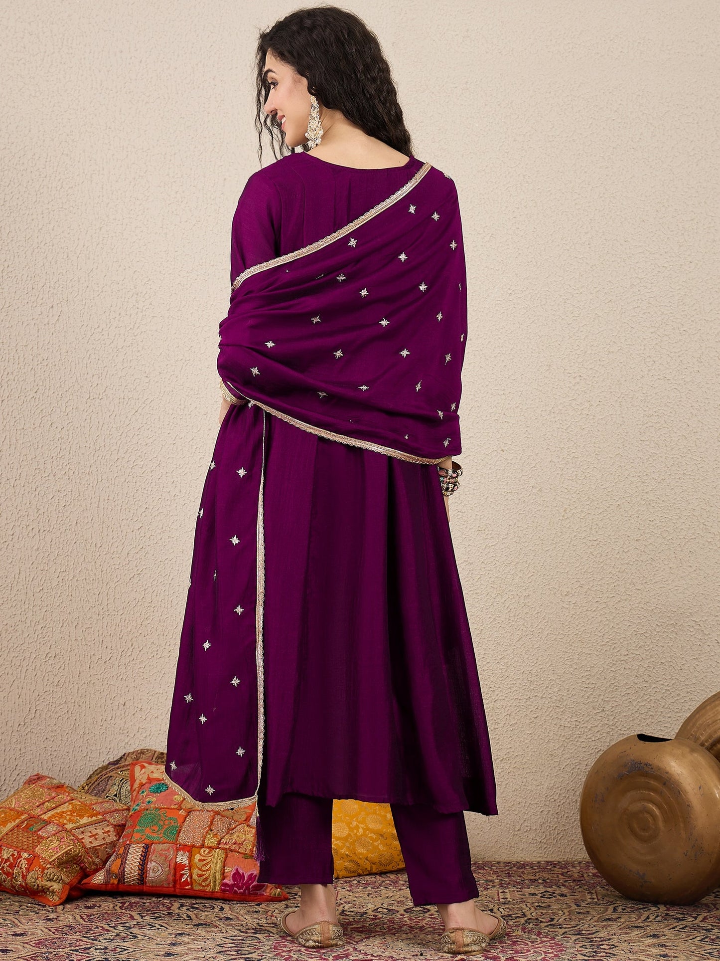 Ziva Women Anarkali Kurta and Pant Dupatta Sets Silk Blend Fabric with Embroidery - FitVibe Fashion