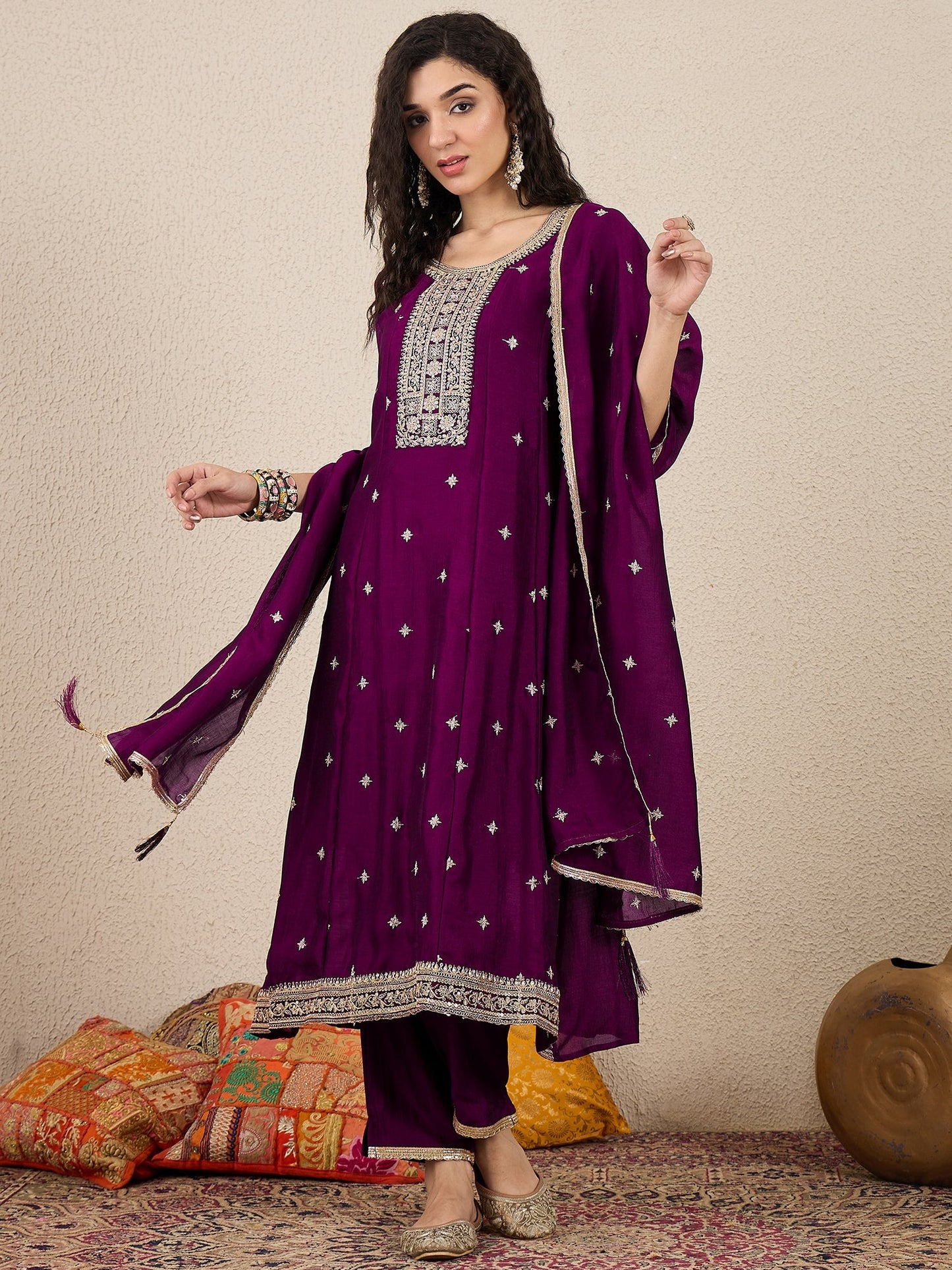 Ziva Women Anarkali Kurta and Pant Dupatta Sets Silk Blend Fabric with Embroidery - FitVibe Fashion