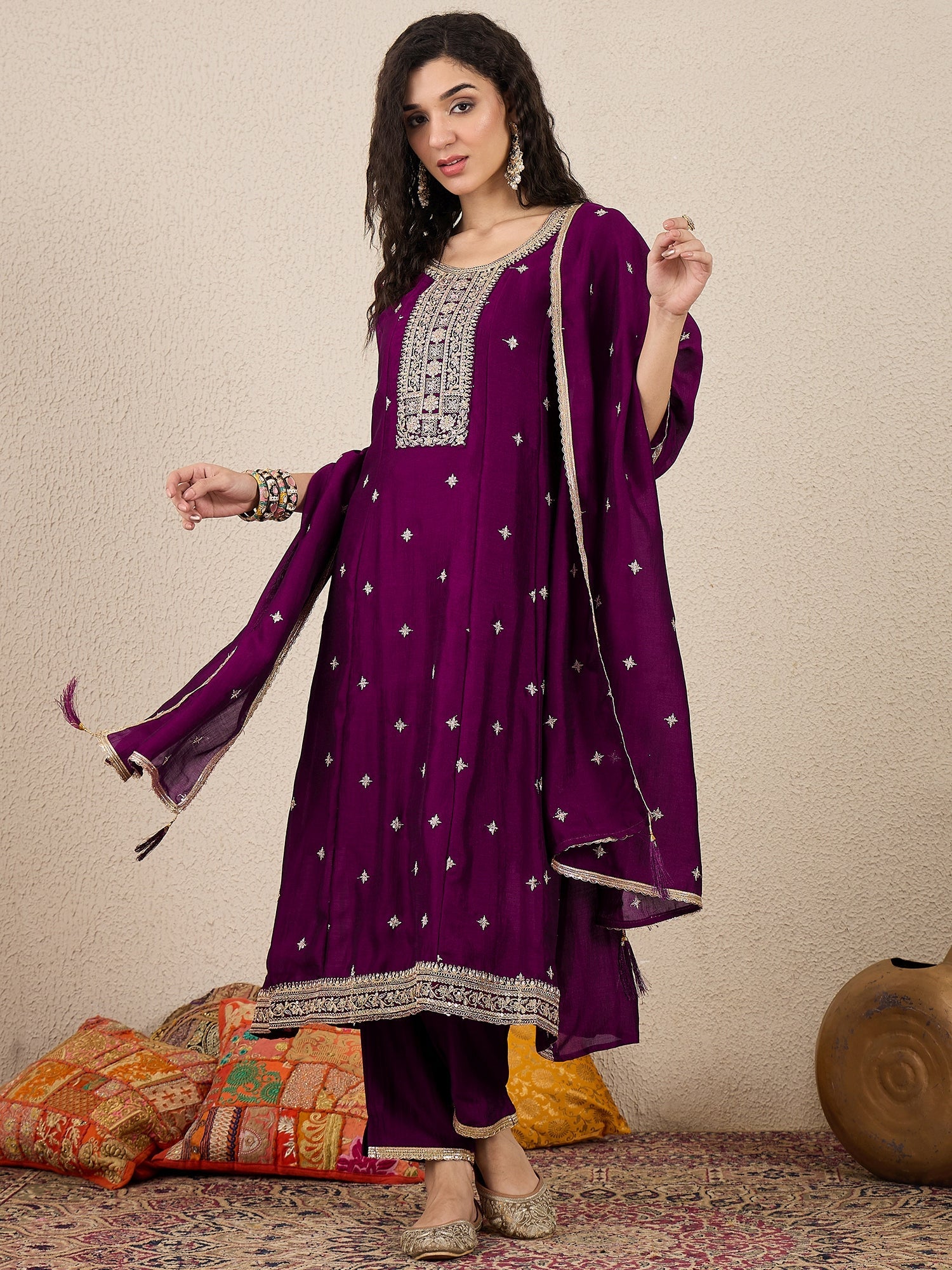 Ziva Women Anarkali Kurta and Pant Dupatta Sets Silk Blend Fabric with Embroidery - FitVibe Fashion