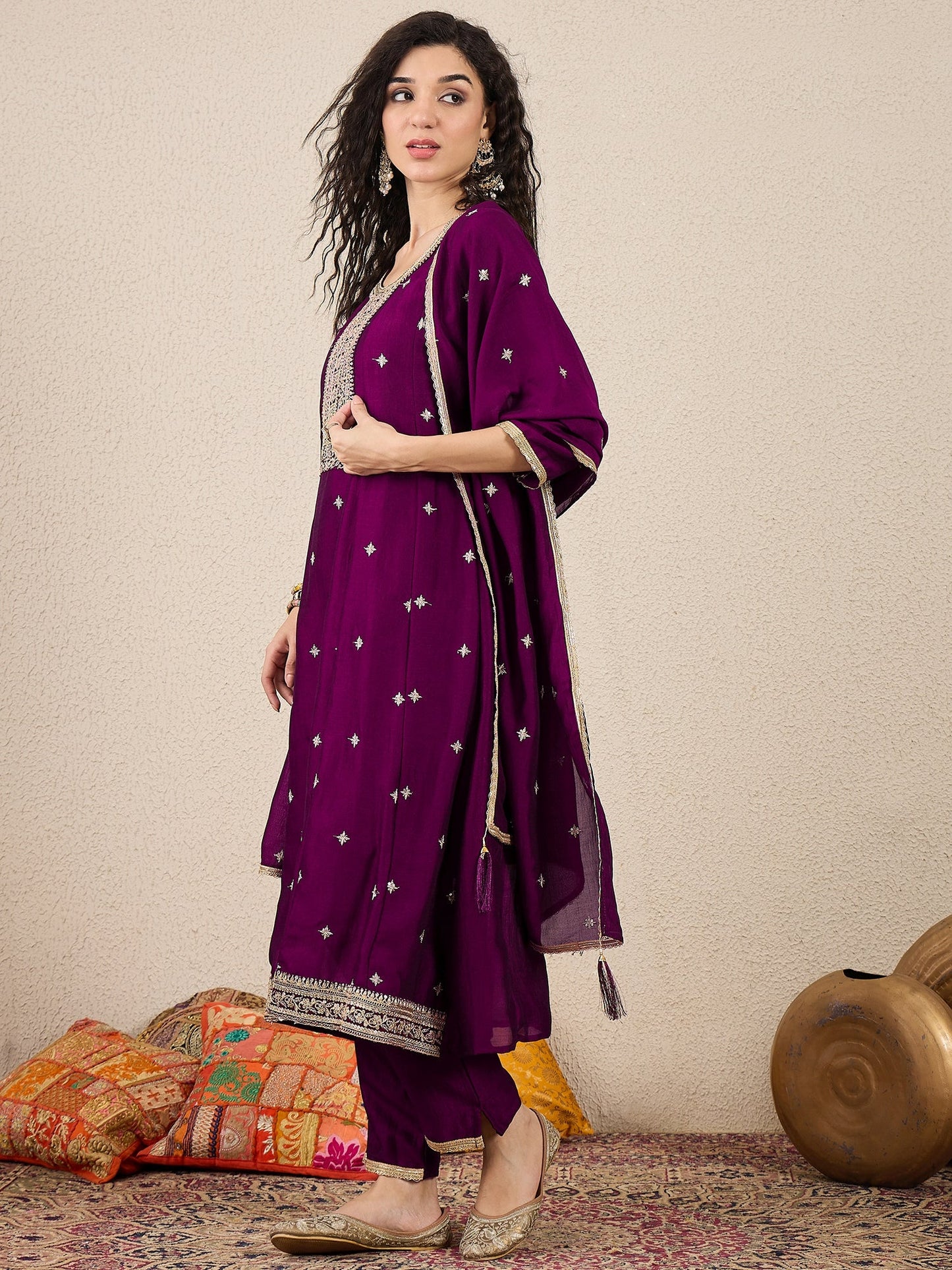 Ziva Women Anarkali Kurta and Pant Dupatta Sets Silk Blend Fabric with Embroidery - FitVibe Fashion