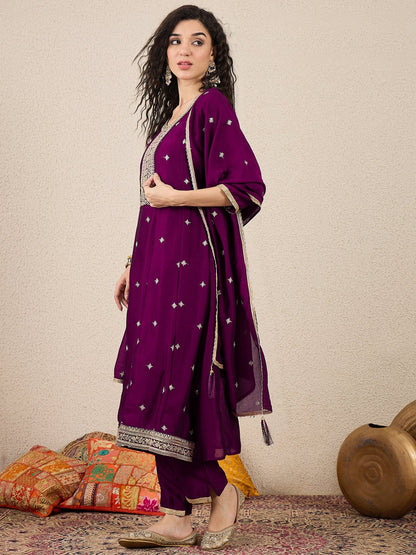 Ziva Women Anarkali Kurta and Pant Dupatta Sets Silk Blend Fabric with Embroidery - FitVibe Fashion