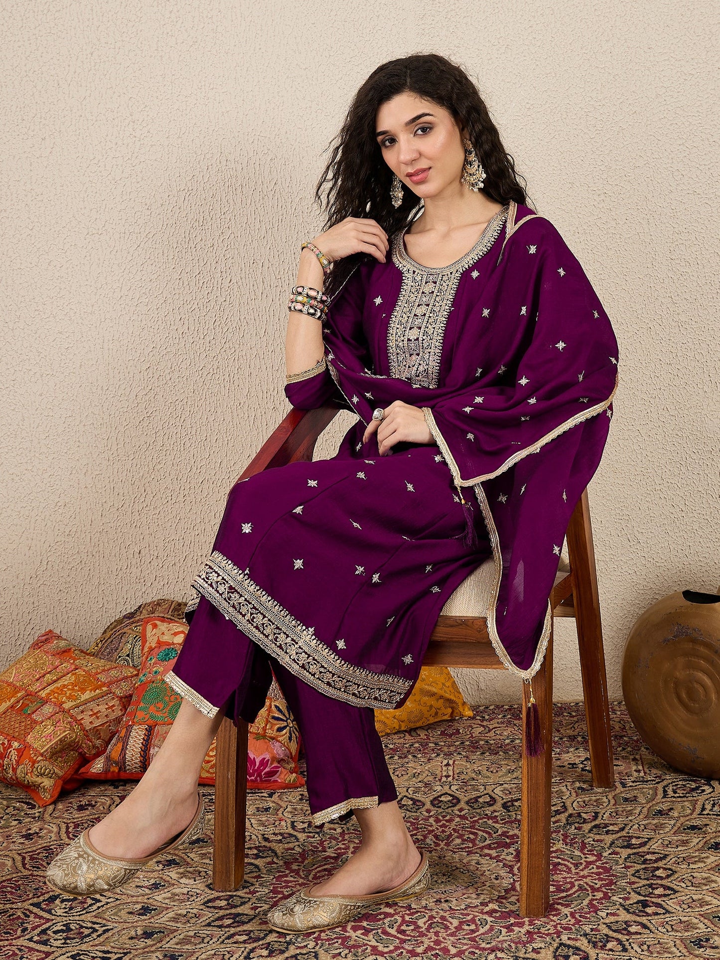 Ziva Women Anarkali Kurta and Pant Dupatta Sets Silk Blend Fabric with Embroidery - FitVibe Fashion