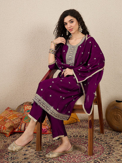 Ziva Women Anarkali Kurta and Pant Dupatta Sets Silk Blend Fabric with Embroidery - FitVibe Fashion