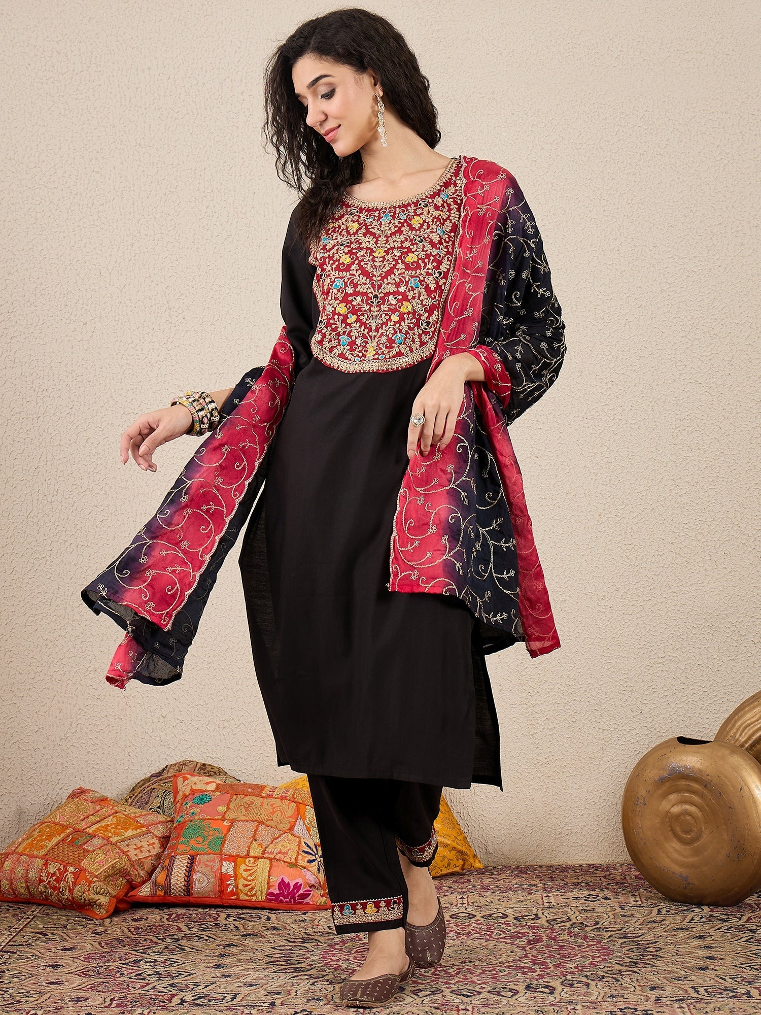 Ruchita Embroidery Straight Black Kurta & Pant with Dupatta Set - FitVibe Fashion