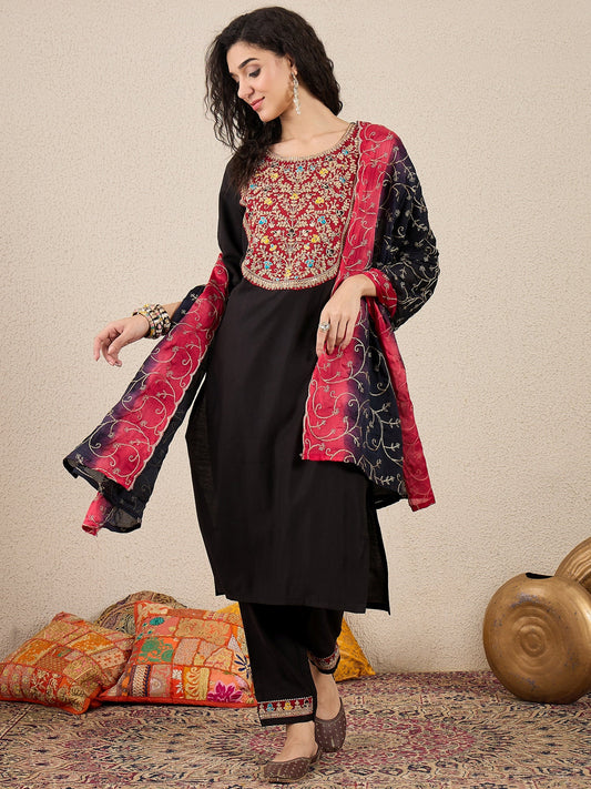 Ruchita Embroidery Straight Black Kurta & Pant with Dupatta Set - FitVibe Fashion