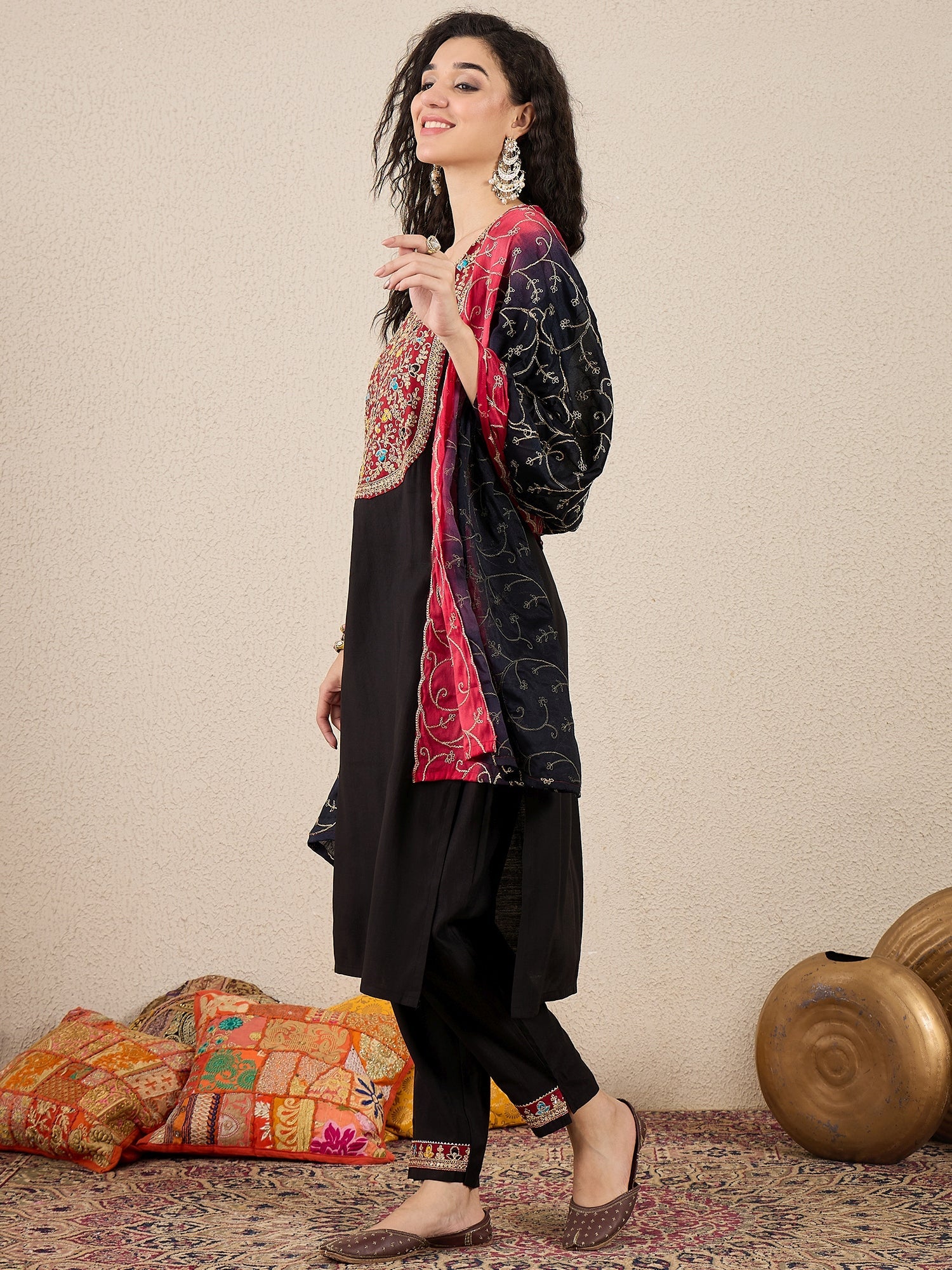 Ruchita Embroidery Straight Black Kurta & Pant with Dupatta Set - FitVibe Fashion