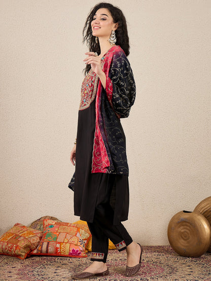 Ruchita Embroidery Straight Black Kurta & Pant with Dupatta Set - FitVibe Fashion