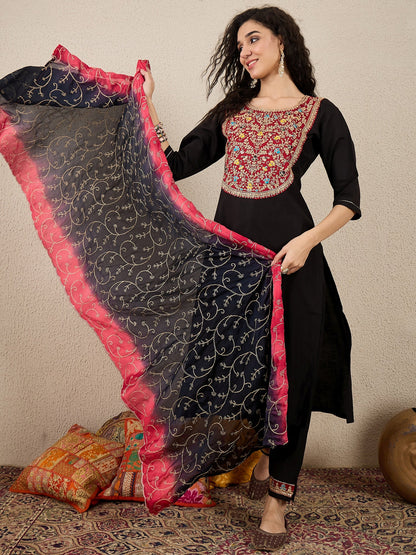 Ruchita Embroidery Straight Black Kurta & Pant with Dupatta Set - FitVibe Fashion
