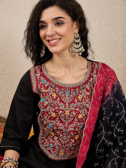 Ruchita Embroidery Straight Black Kurta & Pant with Dupatta Set - FitVibe Fashion