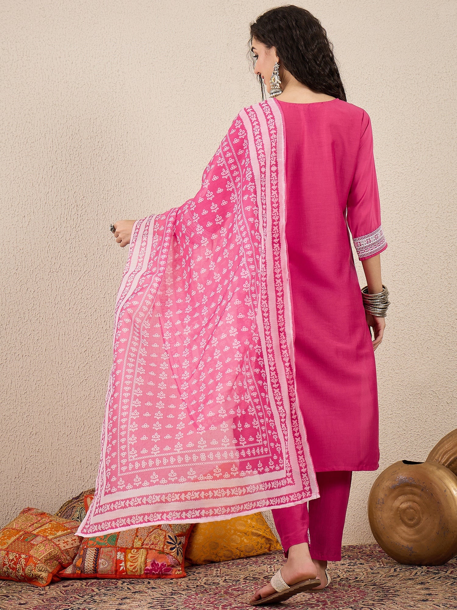 Ruhi Embroidery Design Silk Blend Straight Kurta With Trouser & Dupatta - FitVibe Fashion