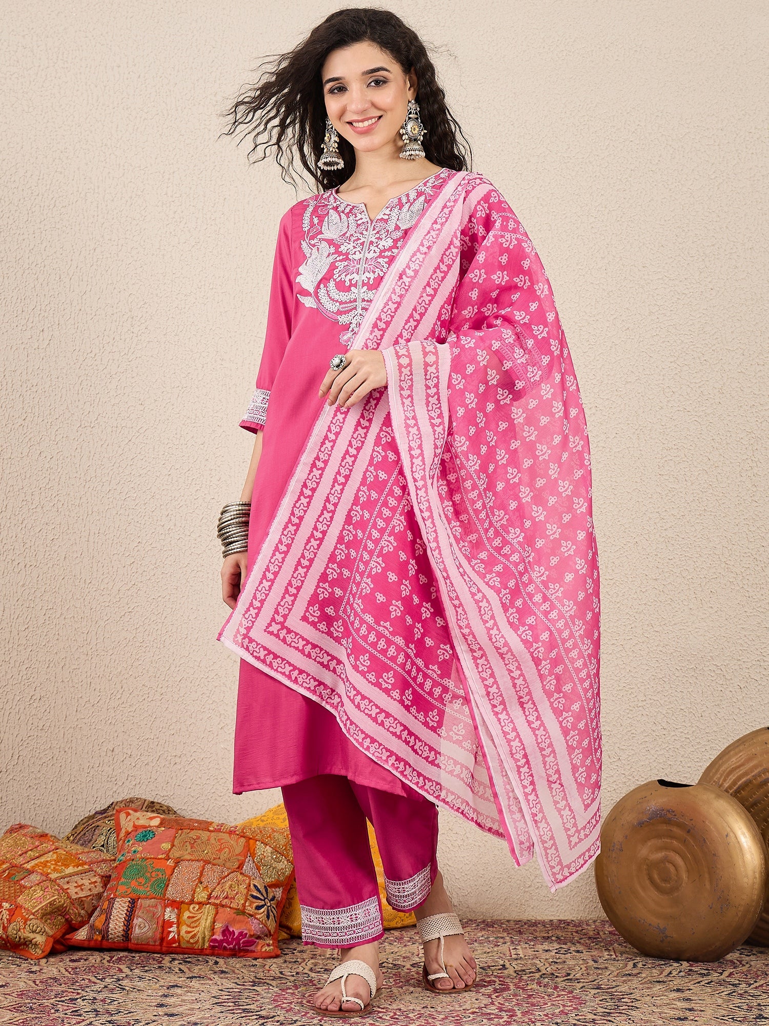 Ruhi Embroidery Design Silk Blend Straight Kurta With Trouser & Dupatta - FitVibe Fashion