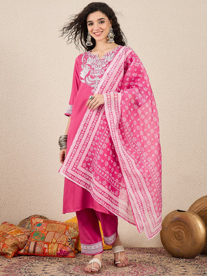 Ruhi Embroidery Design Silk Blend Straight Kurta With Trouser & Dupatta - FitVibe Fashion