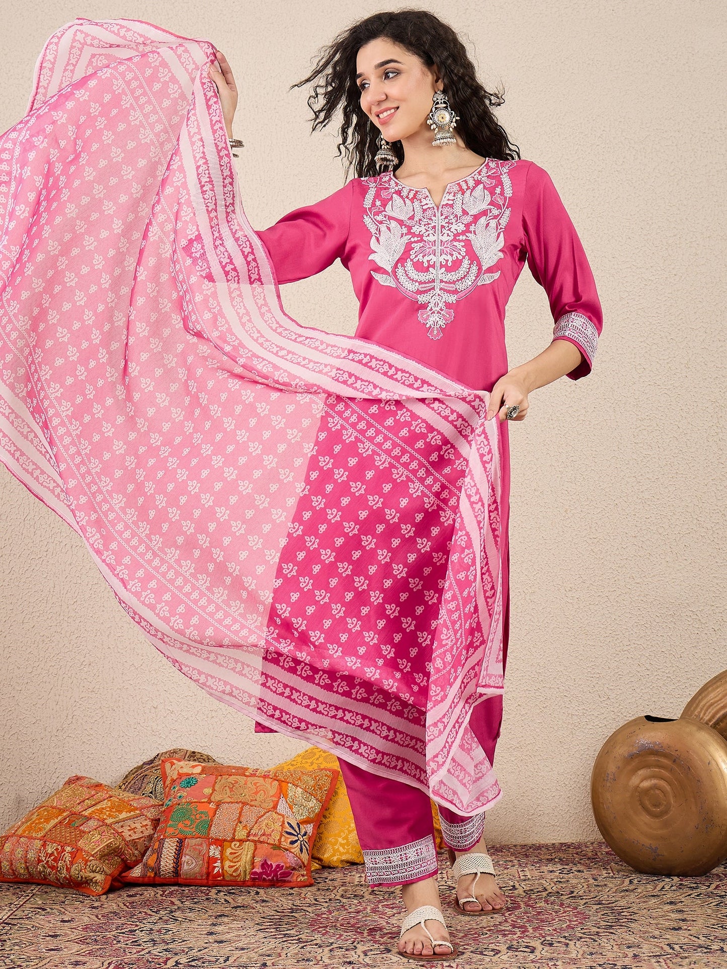 Ruhi Embroidery Design Silk Blend Straight Kurta With Trouser & Dupatta - FitVibe Fashion