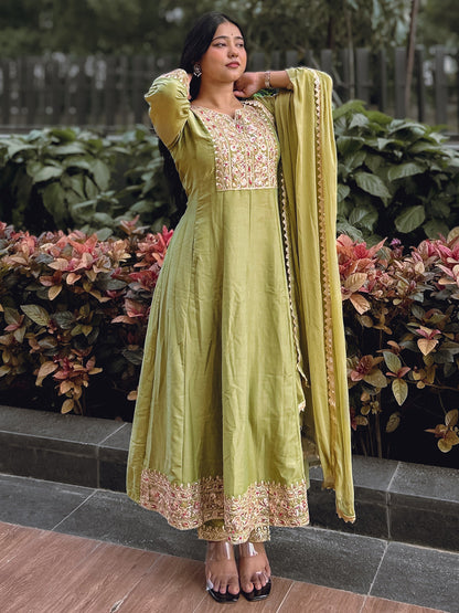 Anushka Mehndi Festive Embroidered Russian Silk Mehndi Anarkali Set - FitVibe Fashion