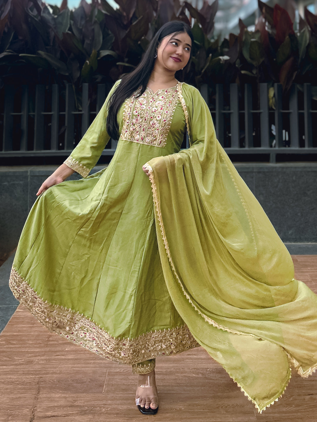 Anushka Mehndi Festive Embroidered Russian Silk Mehndi Anarkali Set - FitVibe Fashion