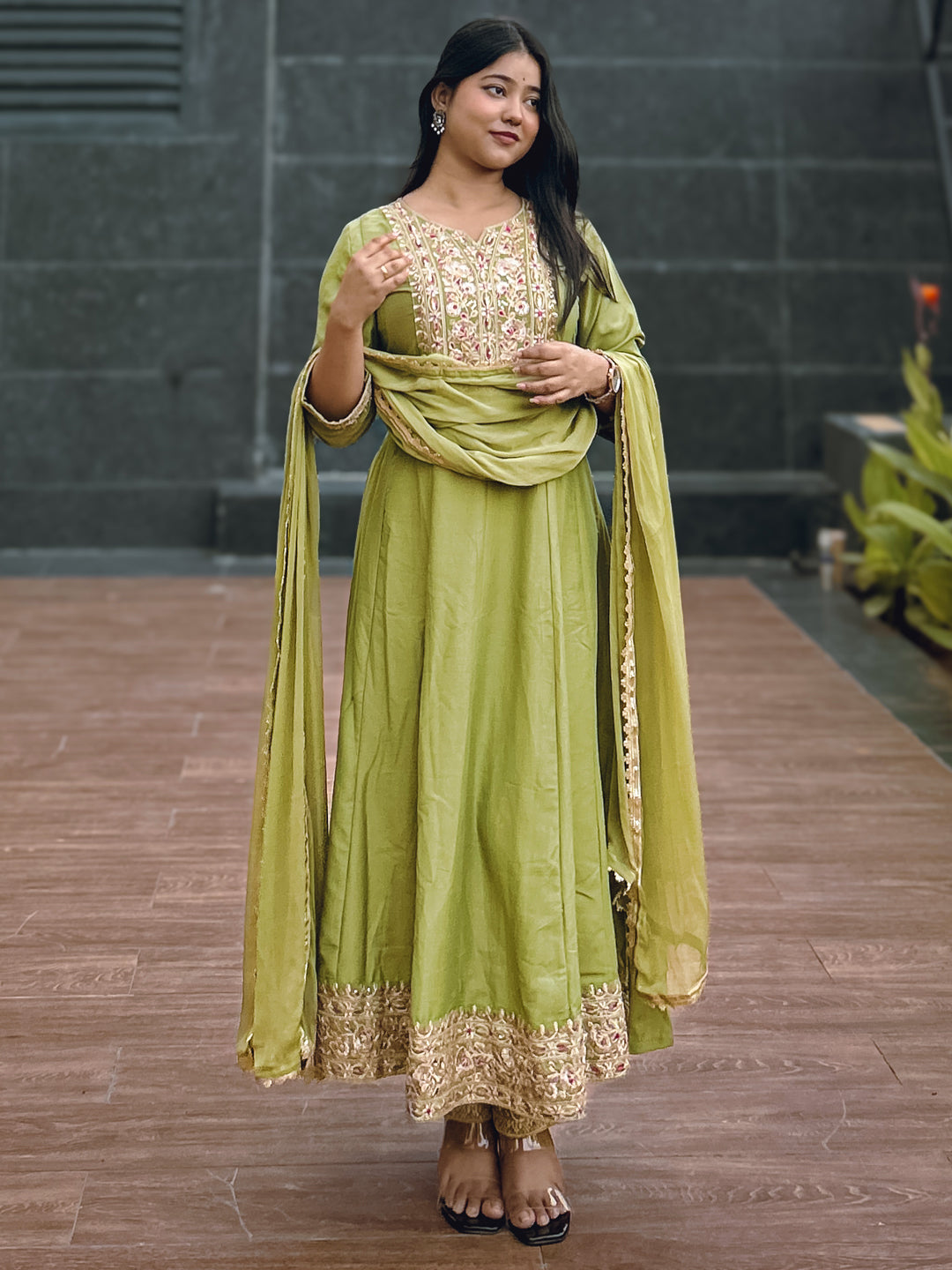 Anushka Mehndi Festive Embroidered Russian Silk Mehndi Anarkali Set - FitVibe Fashion