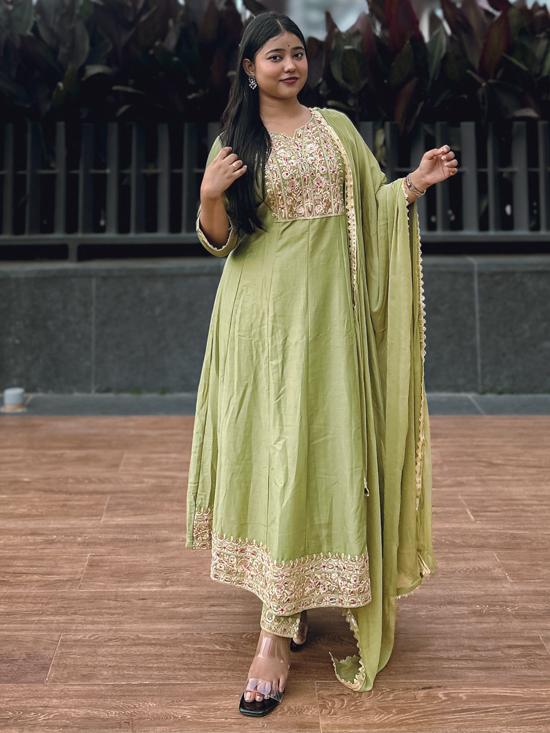 Anushka Mehndi Festive Embroidered Russian Silk Mehndi Anarkali Set - FitVibe Fashion