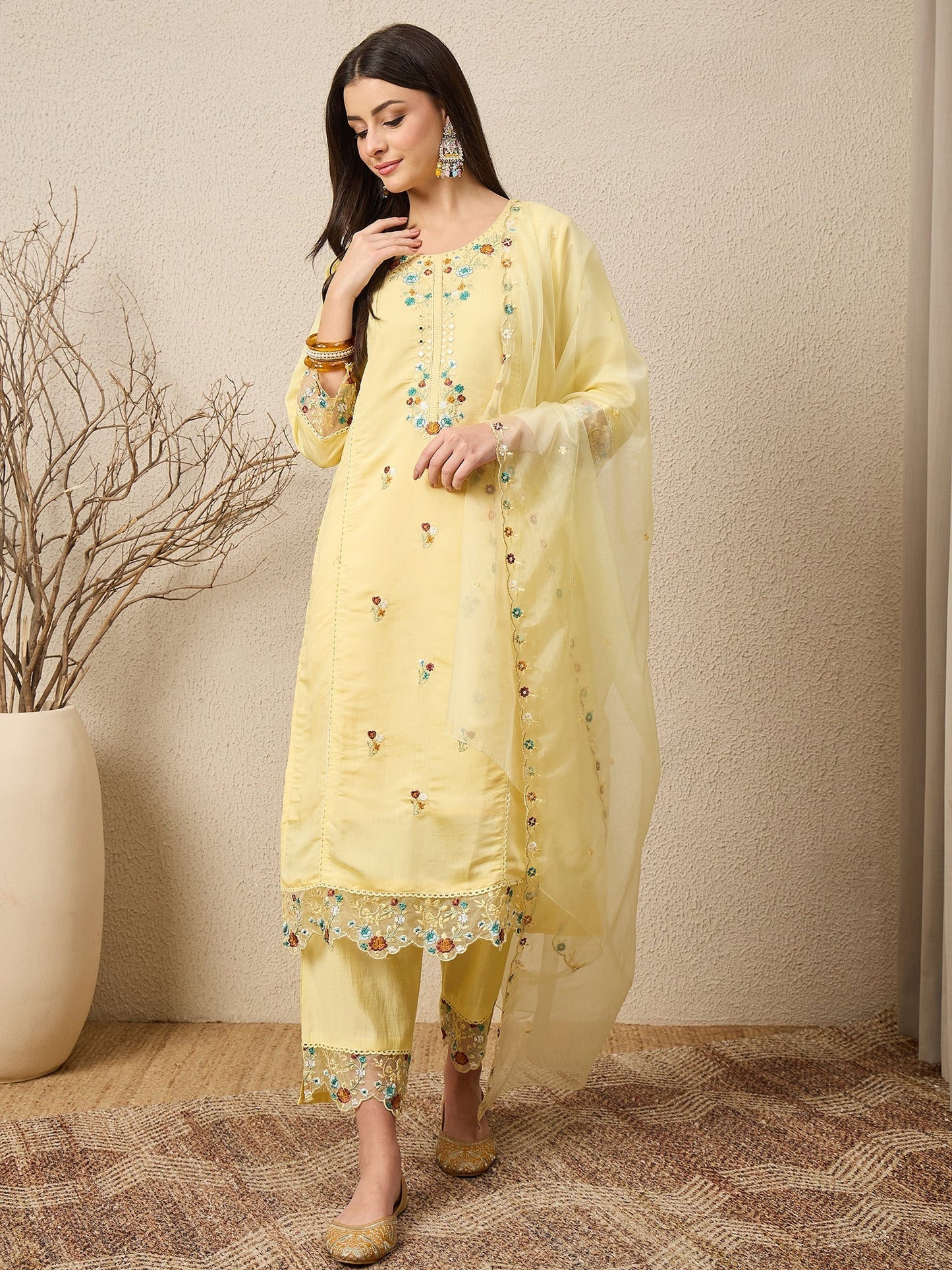 Panetar Yellow Women Silk Blend Kurta and Trousers Pant Set - FitVibe Fashion