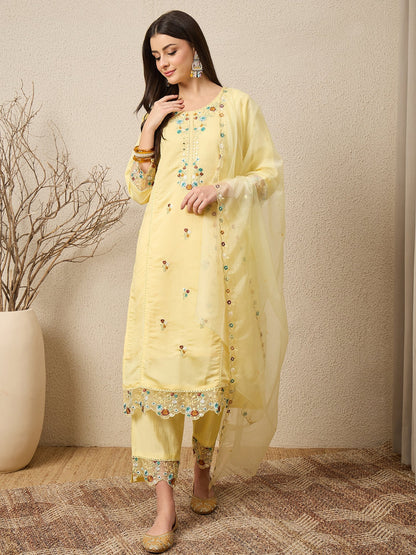 Panetar Yellow Women Silk Blend Kurta and Trousers Pant Set - FitVibe Fashion