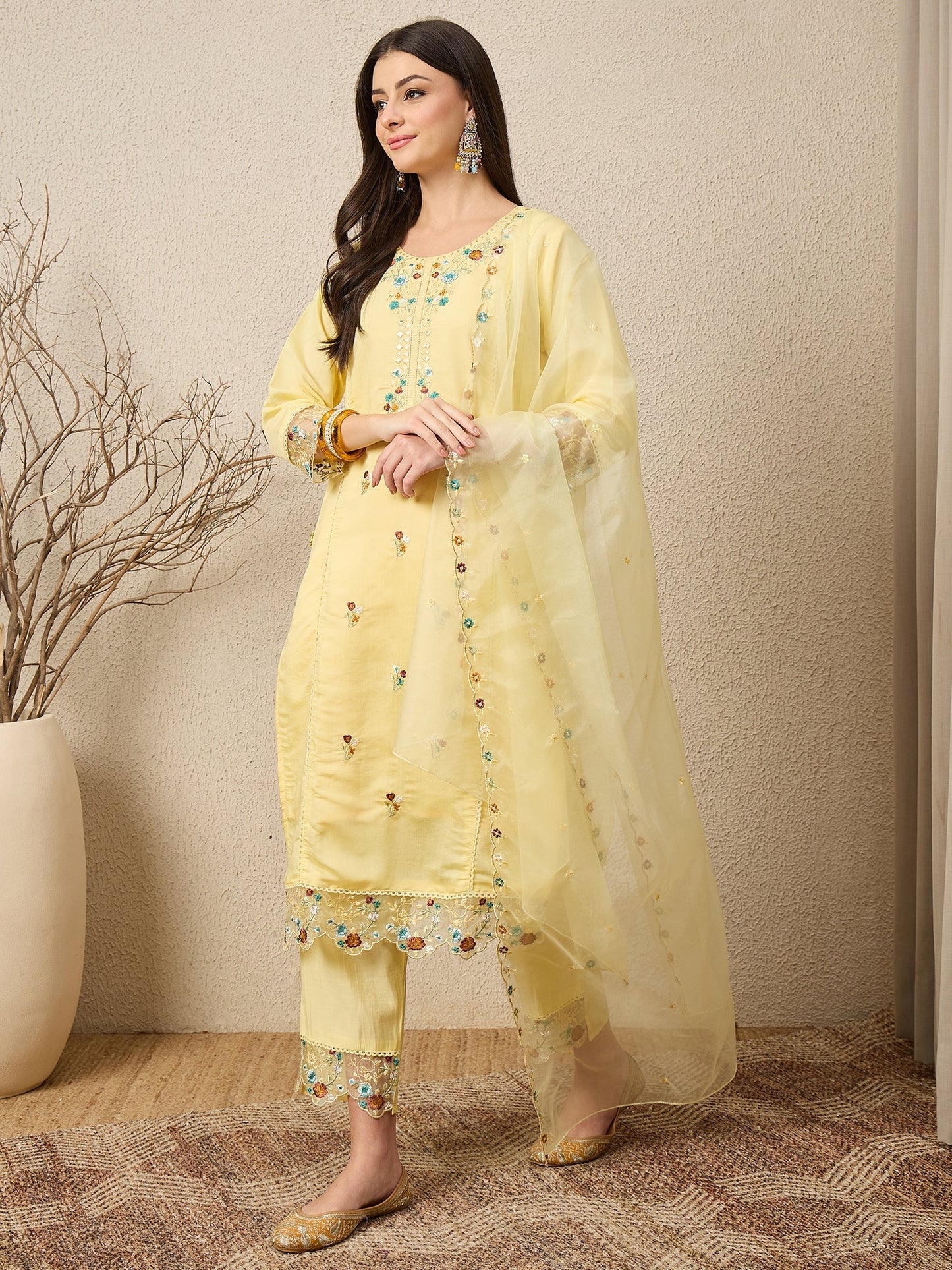 Panetar Yellow Women Silk Blend Kurta and Trousers Pant Set - FitVibe Fashion